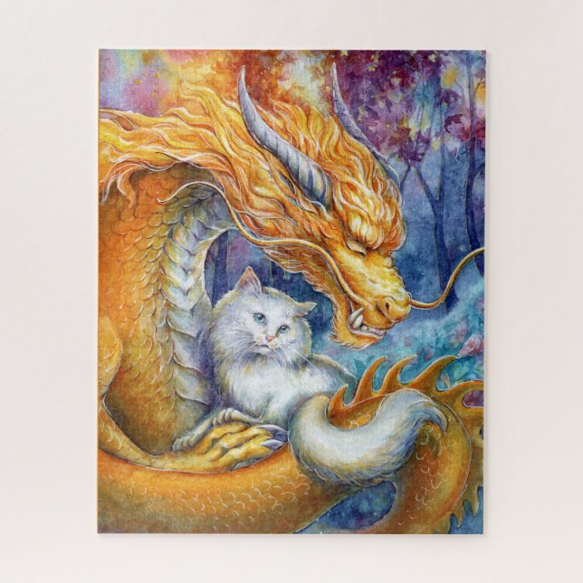 Puzzle Dragon Feu et Chat Blanc dans une Forêt Mystique (Vertical)