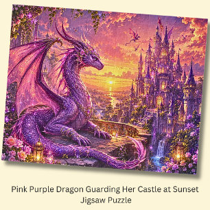 Puzzle Dragon Rose Violet Gardant Son Château au Coucher 