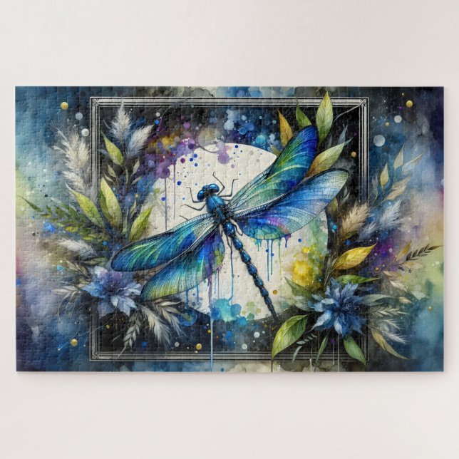 Puzzle Dragonfly Bleu Botanique Aquarelle (Horizontal)