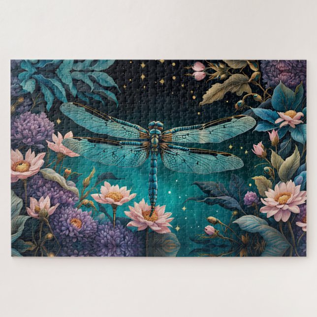 Puzzle Dragonfly dans un jardin fleuri la nuit (Horizontal)