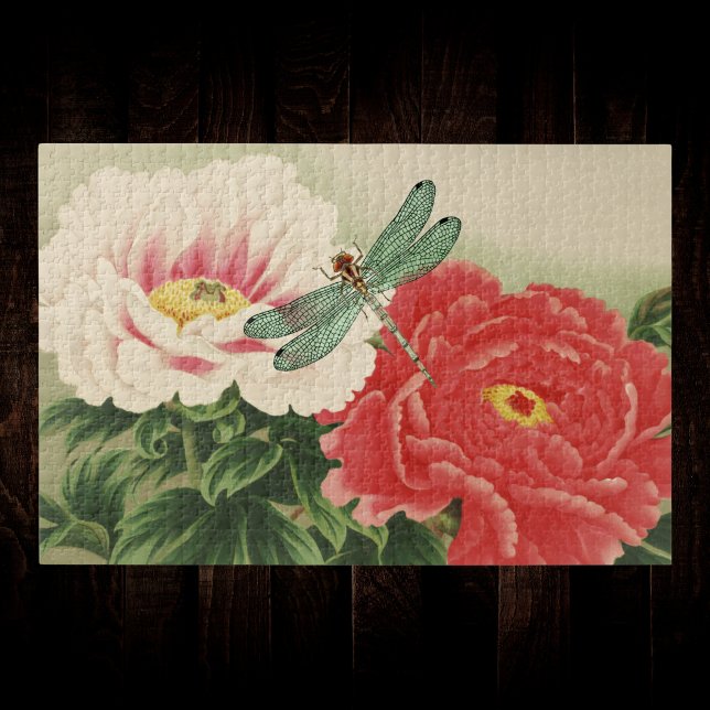 Puzzle Dragonfly on Vintage Botanical Japanese Peonies (Créateur téléchargé)