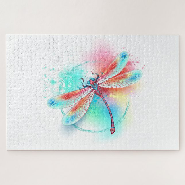 Puzzle Dragonfly rouge sur l'arrière - plan aquarelle (Horizontal)