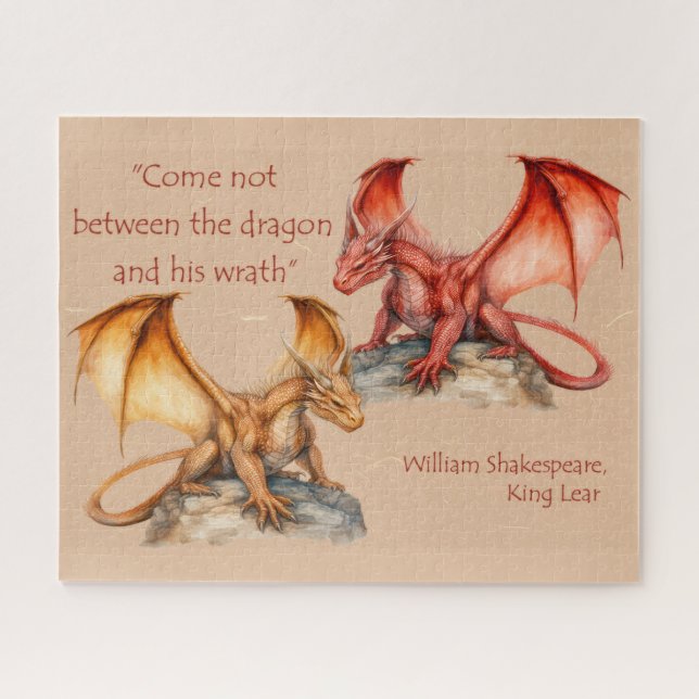 Puzzle Dragons avec citation de King Lear rouge, or, blan (Horizontal)