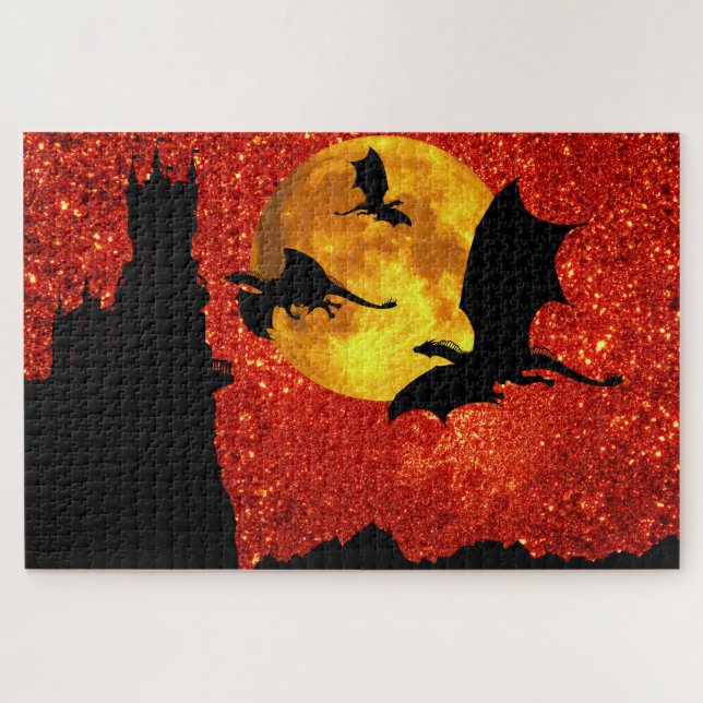 Puzzle Dragons volants, château de falaises, pleine lune, (Horizontal)