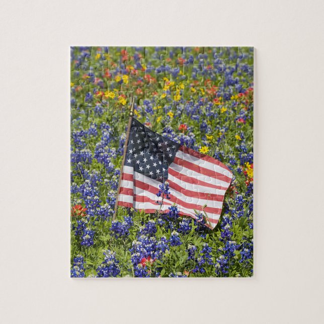 Puzzle Drapeau américain dans un champ de bleuets, (Vertical)