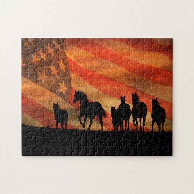 Puzzle Drapeau américain et Mustangs sauvage (Horizontal)