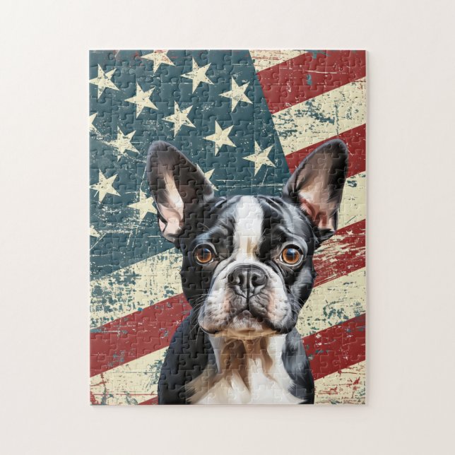 Puzzle Drapeau américain grunge Boston Terrier Chien (Vertical)