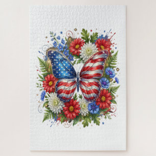 Puzzle Drapeau Américain Rouge Blanc Bleu Papillon Floral
