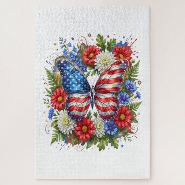 Puzzle Drapeau Américain Rouge Blanc Bleu Papillon Floral (Vertical)