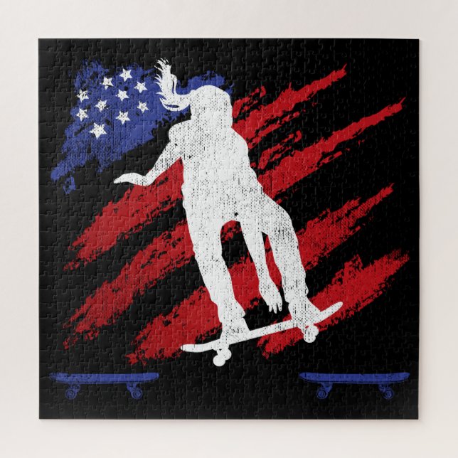 Puzzle Drapeau Patriotique USA Drapeau féminin Skateboard (Vertical)
