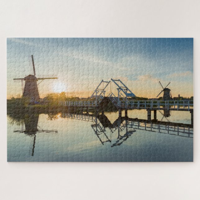 Puzzle Drawbridge and windmills at sunset in Holland (Horizontal)