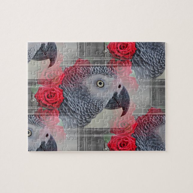 Puzzle Dreamy African Grey with Red Roses (Horizontal)