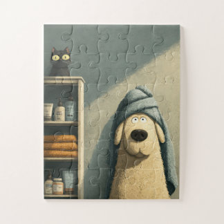 Puzzle Drôle chien dans la serviette avec Cat Jigsaw Puzz