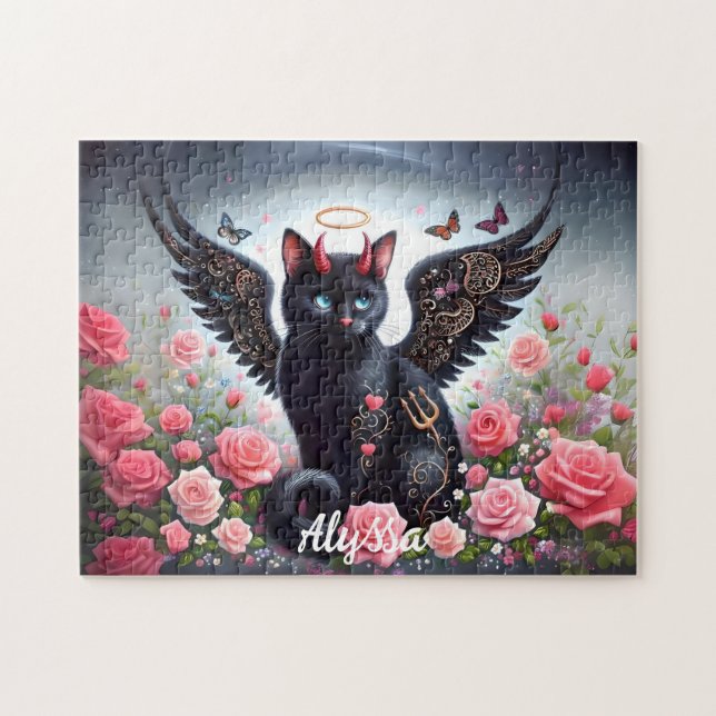 Puzzle Drôle de chat ange et démon noir  (Horizontal)