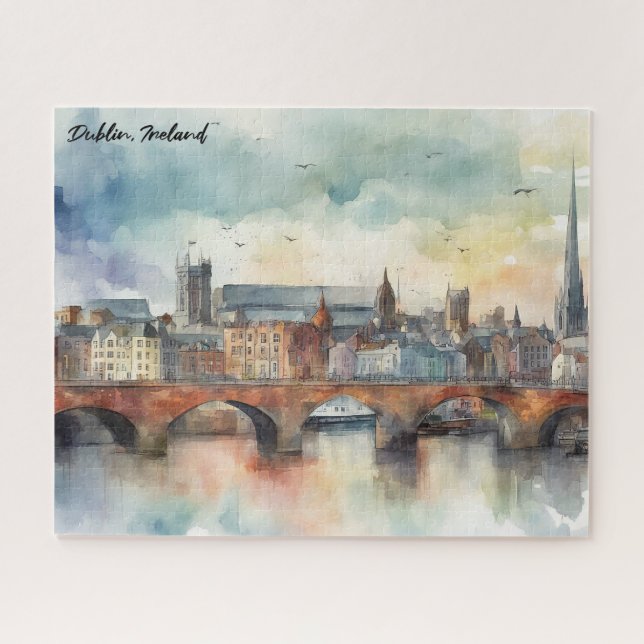 Puzzle Dublin Ireland City Silhouette Aquarelle Peinture (Horizontal)