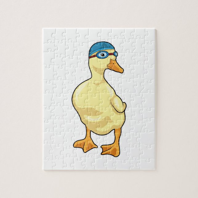 Puzzle Duck at Swimming with Swimming goggles (Vertical)