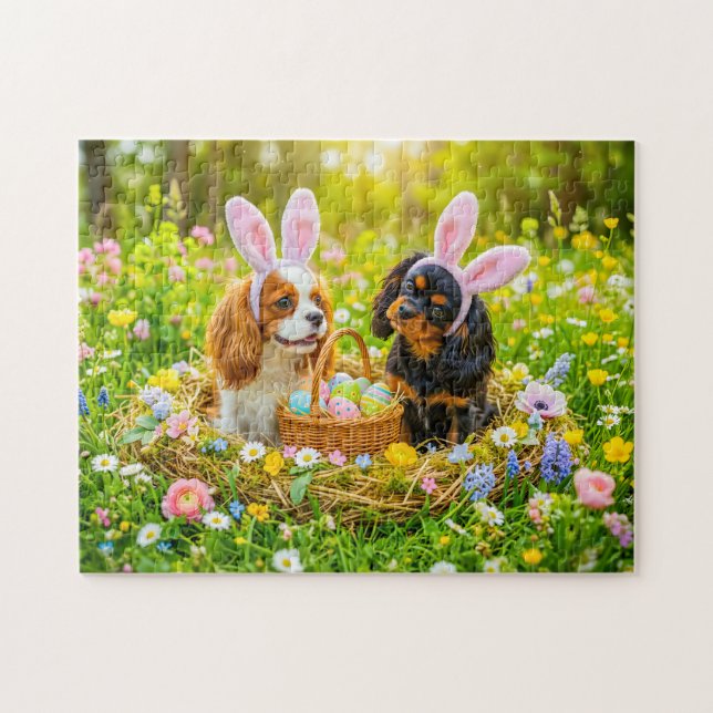 Puzzle Duo de Spaniel dans un nid de Pâques en prairie (Horizontal)