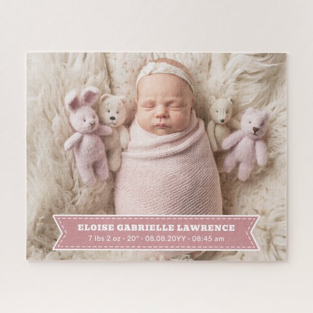 Puzzle Dusky Pink Newborn Baby Girl Birth Stats Photo (Horizontal)