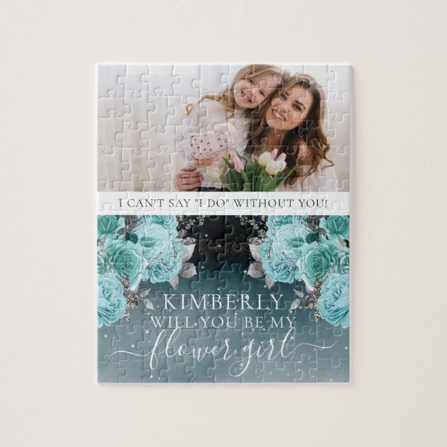 Puzzle Dusty Blue Floral Be My Flower Girl Photo (Vertical)