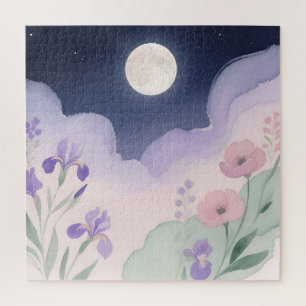 Puzzle Eau de pleine lune Iris floral aquarelle Nuit
