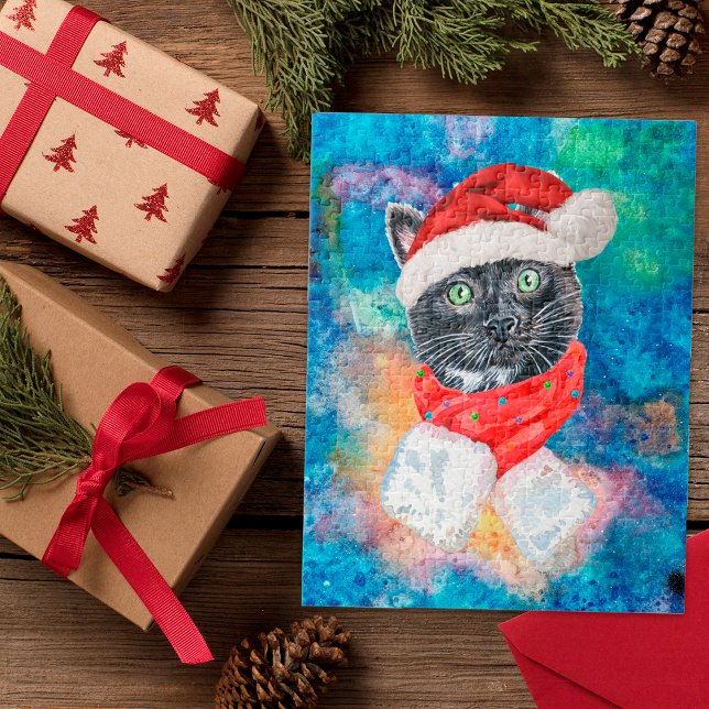 Puzzle Écharpe de Noël à aquarelle Chat Noir Noël (Créateur téléchargé)