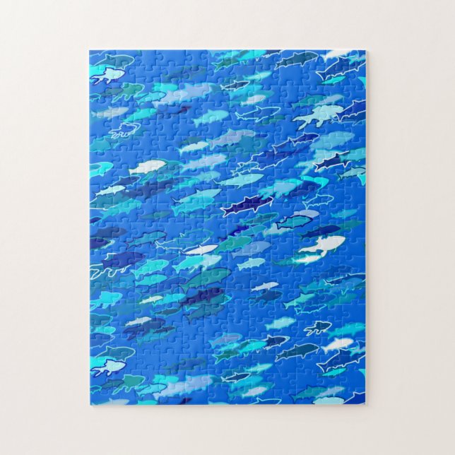 Puzzle École de poisson, bleu foncé, blanc et turquoise (Vertical)