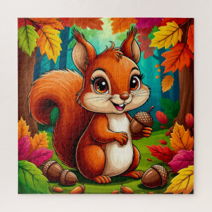 Puzzle Écureuil de dessin animé adorable dans une forêt
