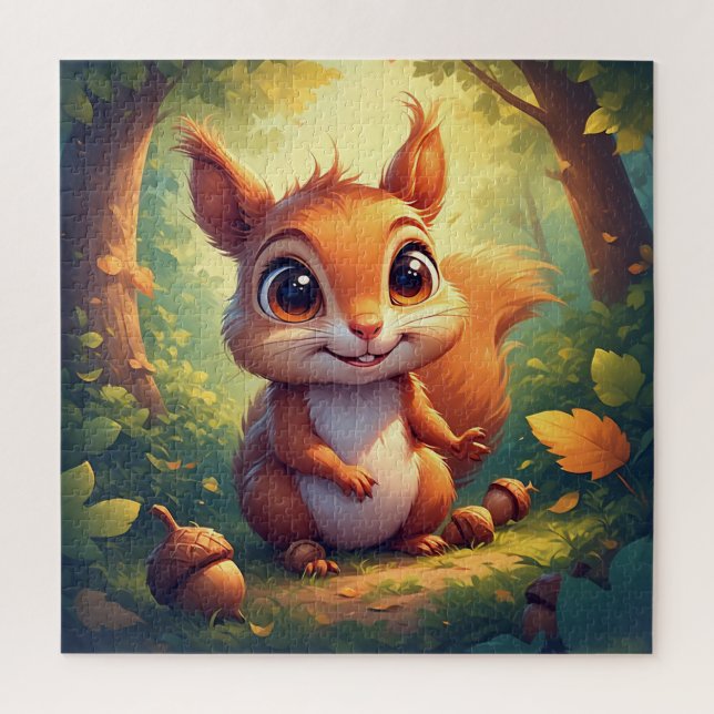 Puzzle Écureuil de dessin animé adorable dans une forêt (Vertical)