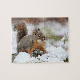 Puzzle Écureuil mignon dans la neige avec l'arachide