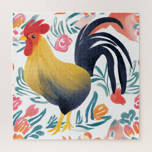 Puzzle Edna le Coq | Poulet Floral Aquarelle (Vertical)
