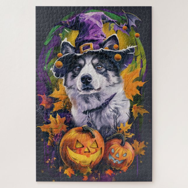 Puzzle Éffrayant Akita Halloween Witch et Citrouille (Vertical)
