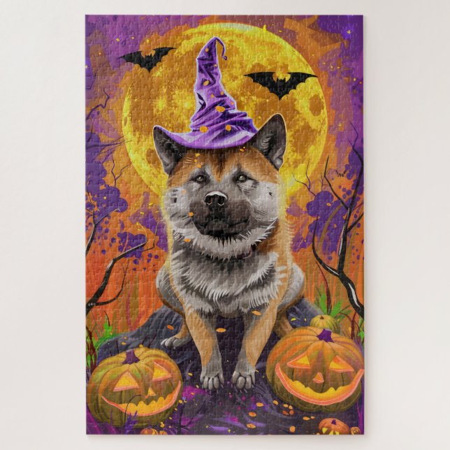 Puzzle Éffrayant Akita Halloween Witch et Citrouille (Vertical)