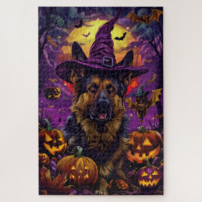 Puzzle Éffrayant allemand berger Halloween sorcier Citrou (Vertical)