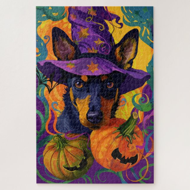 Puzzle Éffrayant australien Kelpie Citrouille Halloween (Vertical)