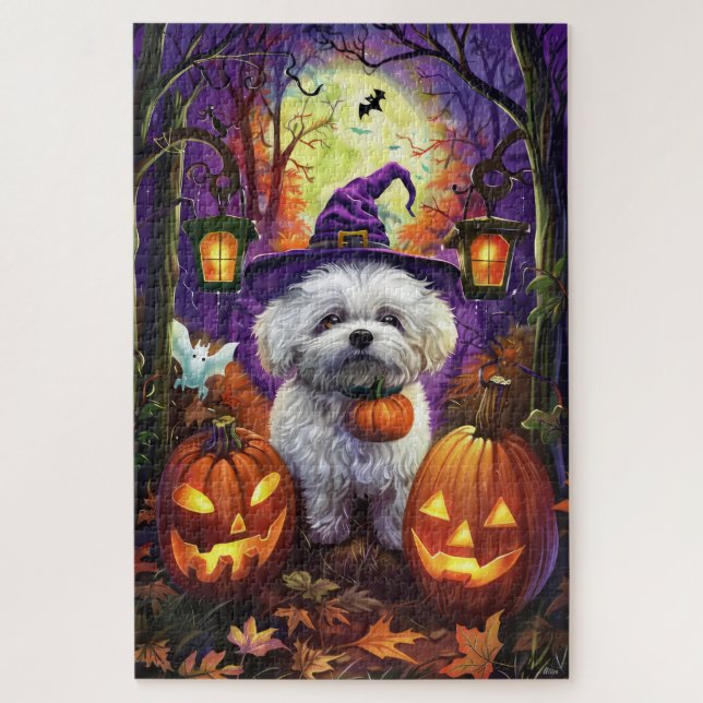 Puzzle Éffrayant Bichon Frise Halloween sorcière et Citro (Vertical)