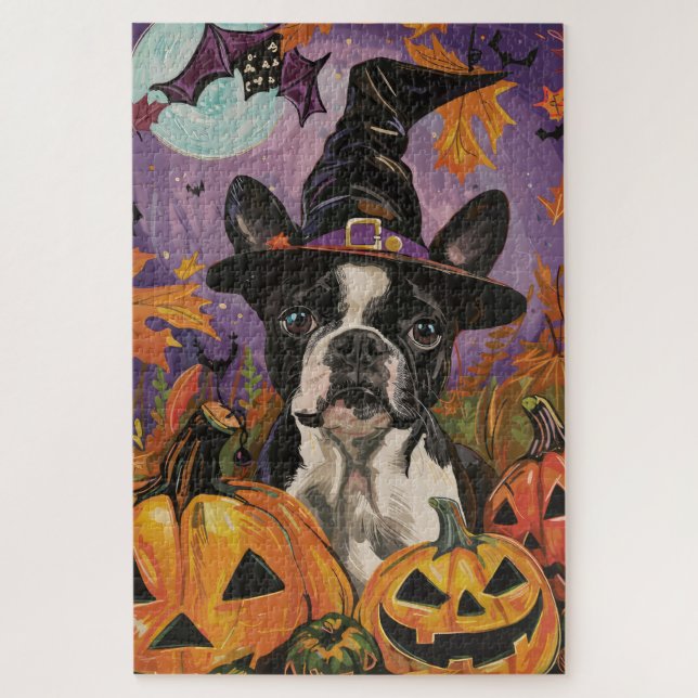 Puzzle Éffrayant Boston Terrier Halloween Witch Et Citrou (Vertical)