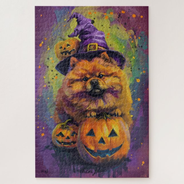 Puzzle Éffrayant Chow Chow Chien Halloween sorcière et Ci (Vertical)