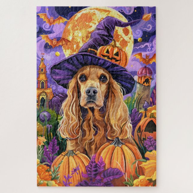 Puzzle Éffrayant Cocker Spaniel Dog Halloween Witch Citro (Vertical)