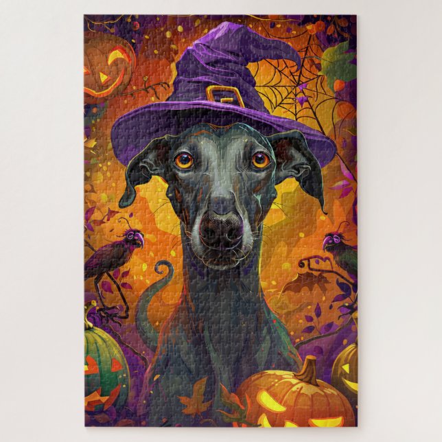 Puzzle Éffrayant Greyhound Chien Halloween sorcière et Ci (Vertical)
