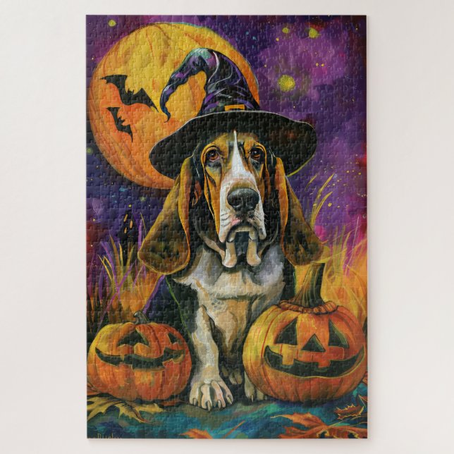 Puzzle Éffrayant Halloween Hound Sorcière Et Citrouille (Vertical)