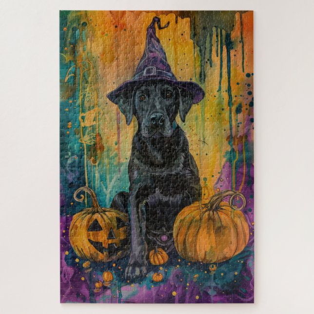 Puzzle Éffrayant Labrador Chien Halloween Sorcière Et Cit (Vertical)