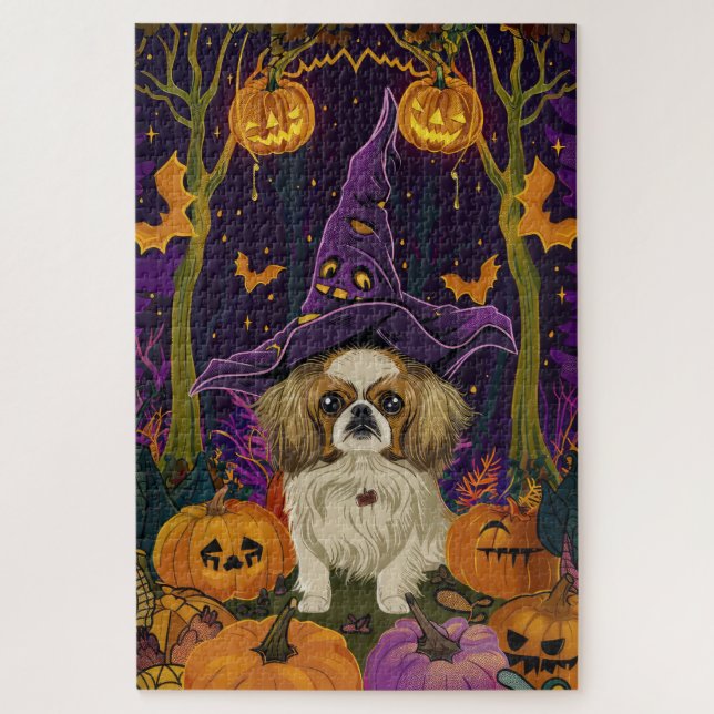 Puzzle Éffrayant Pekingese Chien Halloween sorcière et Ci (Vertical)