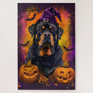 Puzzle Éffrayant Rottweiler Chien Halloween sorcière et C