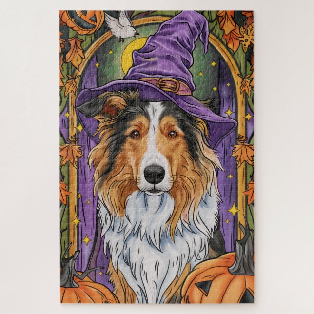 Puzzle Éffrayant Rough Collie Chien Halloween Citrouille  (Vertical)