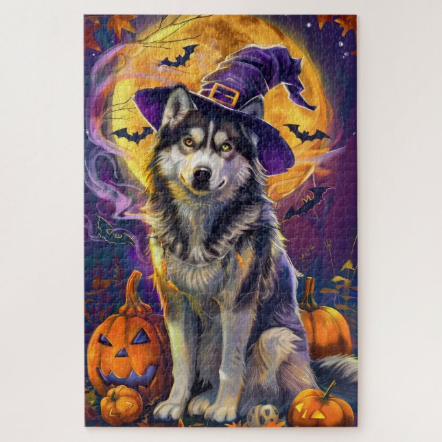 Puzzle Éffrayant Sibérie Husky Chien Halloween Citrouille (Vertical)