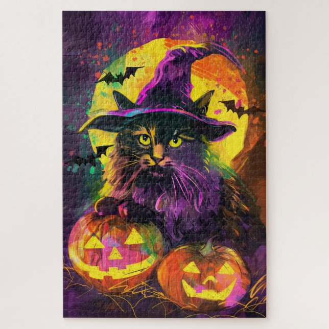 Puzzle Éffrayant Turc Angora Chat Halloween Citrouille so (Vertical)