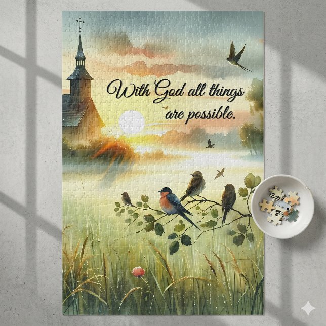 Puzzle Église au lever du soleil avec des oiseaux dans un (Sunrise Church with Birds in Misty Meadow Jigsaw Puzzle)