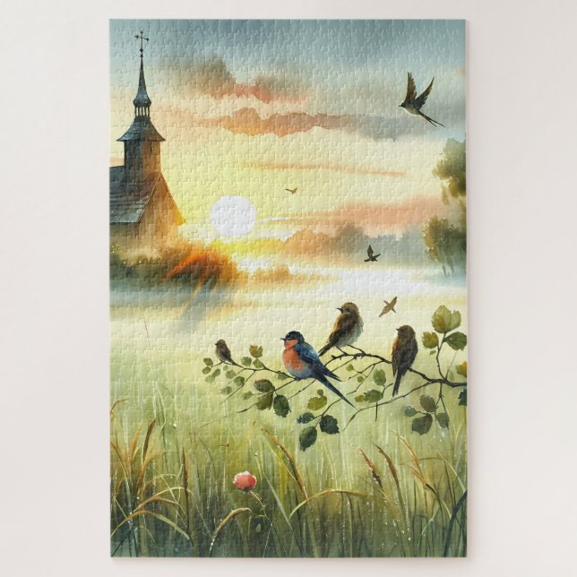 Puzzle Église au lever du soleil avec des oiseaux dans un (Vertical)
