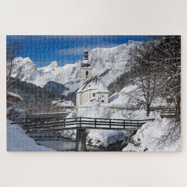 Puzzle Eglise dans la neige avec les Alpes (Horizontal)