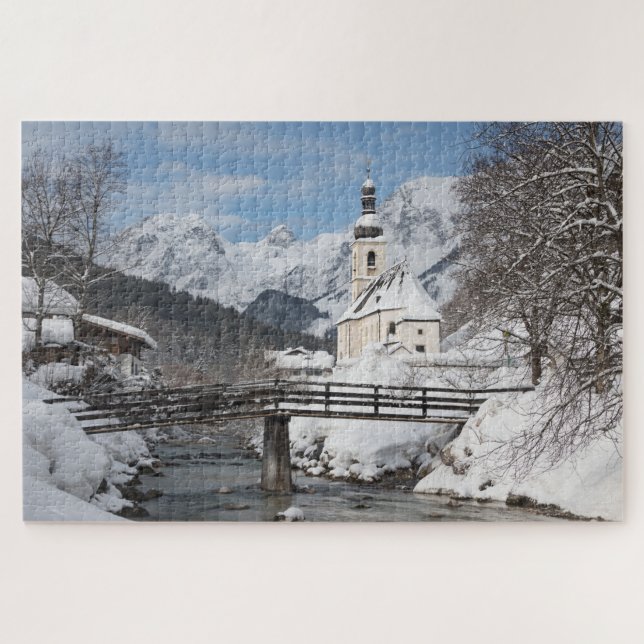 Puzzle Église dans la neige avec les Alpes en hiver (Horizontal)